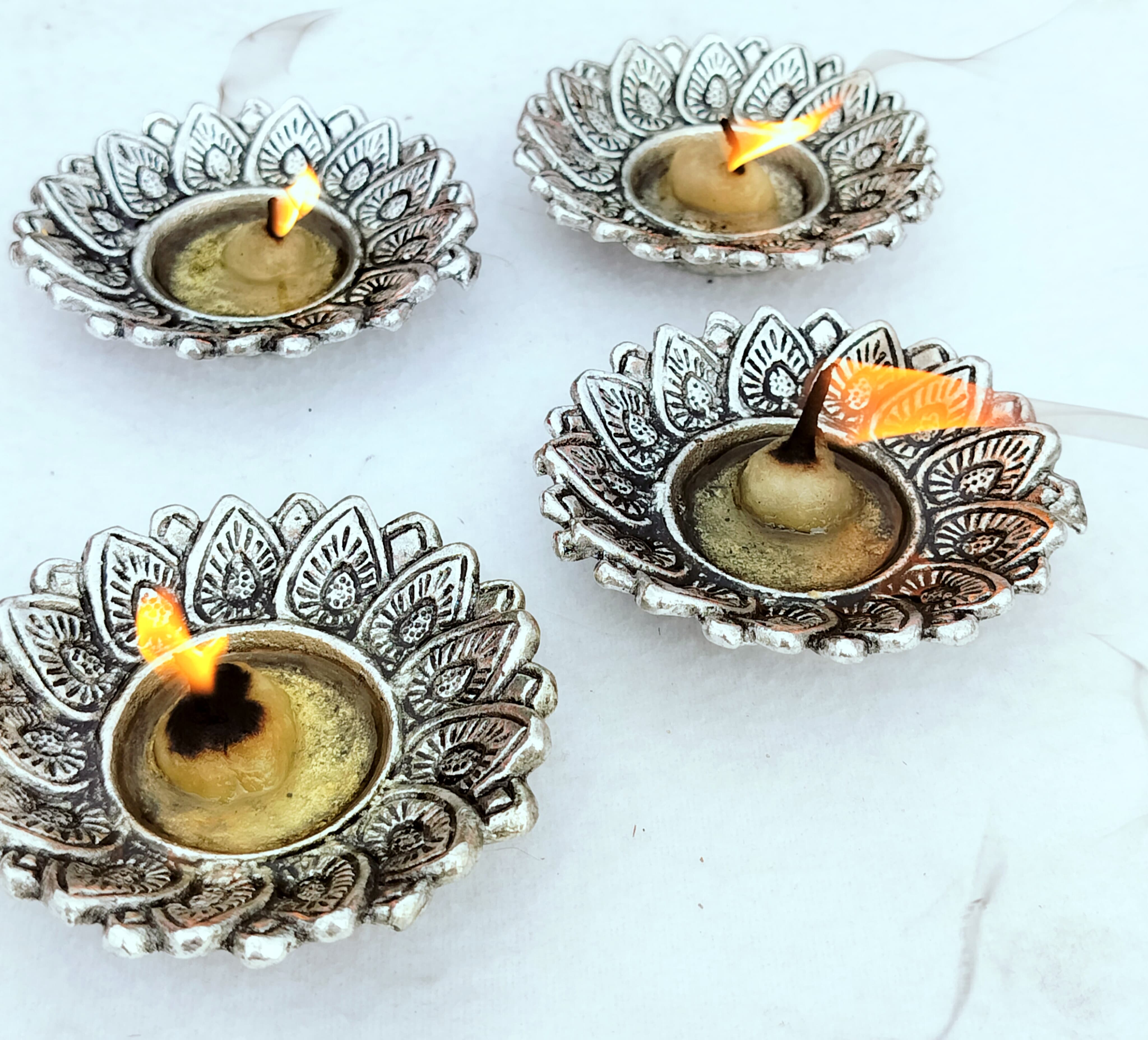 Antique German Silver Sunflower Diya, Set of 21 diyas